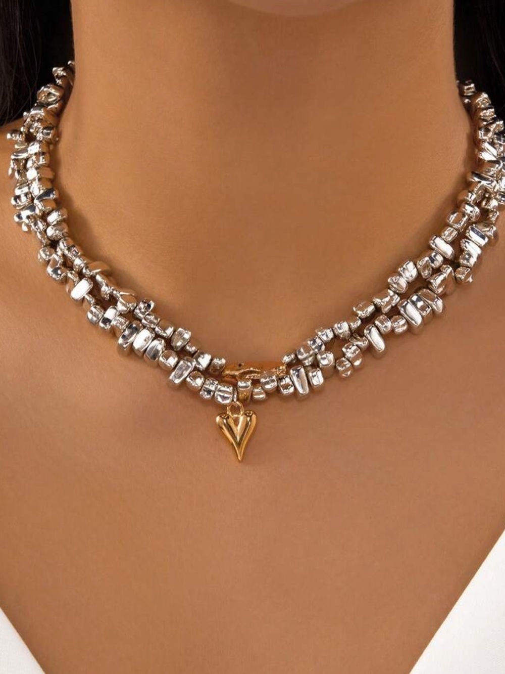 Silver beaded necklace with Gold Heart Charm R772